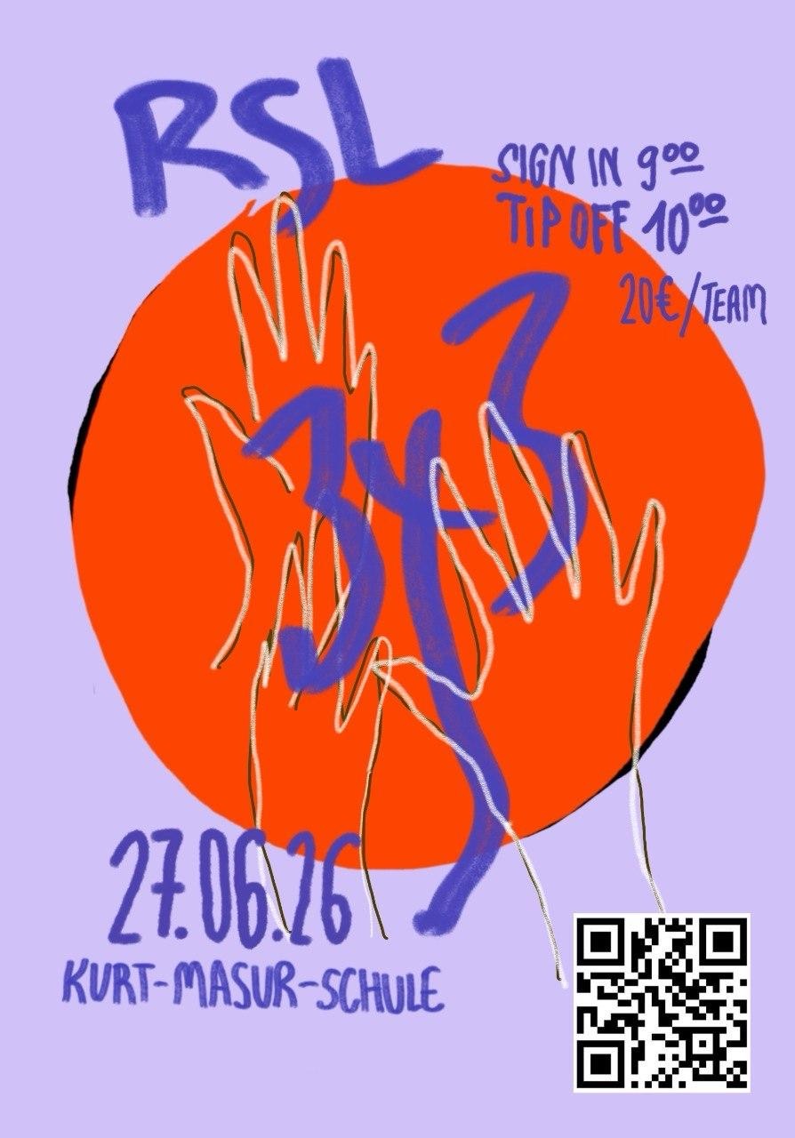 Flyer 3x3 Turnier 27.06.2026 Kurt-Masur-Schule inkl. QR-Code